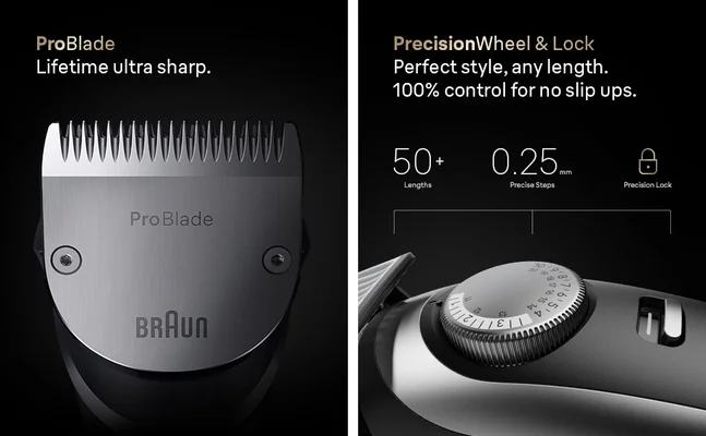 Close-up of full metal ProBlade and built-in dial of the Braun adjustable Beard Trimmer Series 9