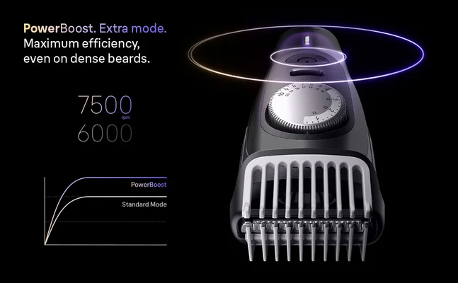 Close-up of the Braun Series 9 Beard Trimmer with purple waves indicating the extra PowerBoost mode