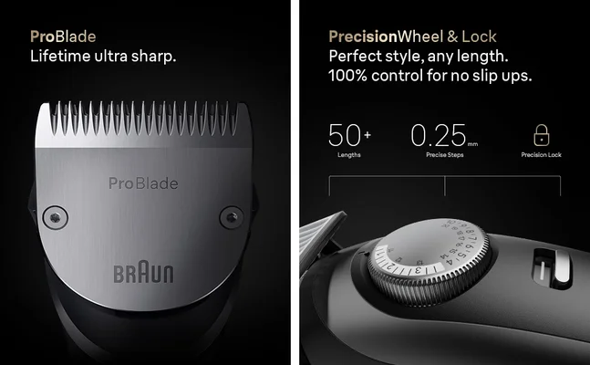 Close-up of full metal ProBlade and built-in dial of the Braun adjustable Beard Trimmer Series 9