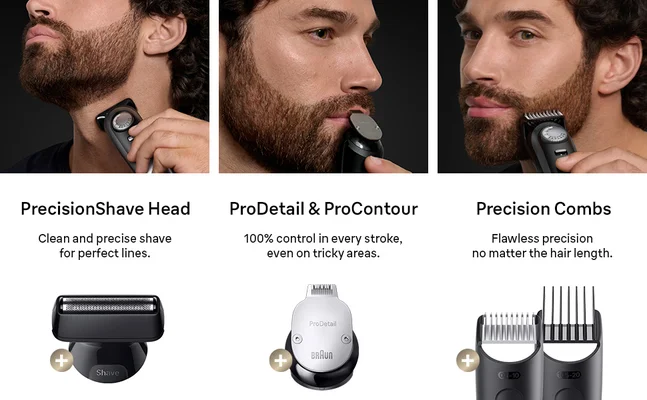 Three images showing different ways to style your beard using the Braun Series 9 Beard Trimmer kit