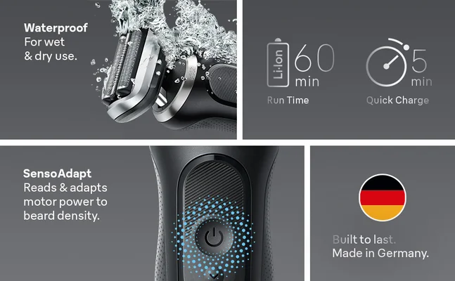 Features of the S7 are shown. Incluing Water proof, Senso Adapt, Run Time and Made in Germany.