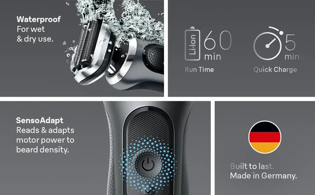 Features of the S7 are shown. Incluing Water proof, Senso Adapt, Run Time and Made in Germany.