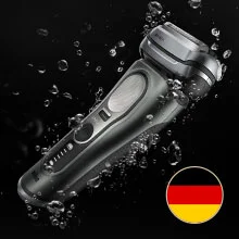 Series 9 PRO+ Shaver shown with waterproof feature and german flag.