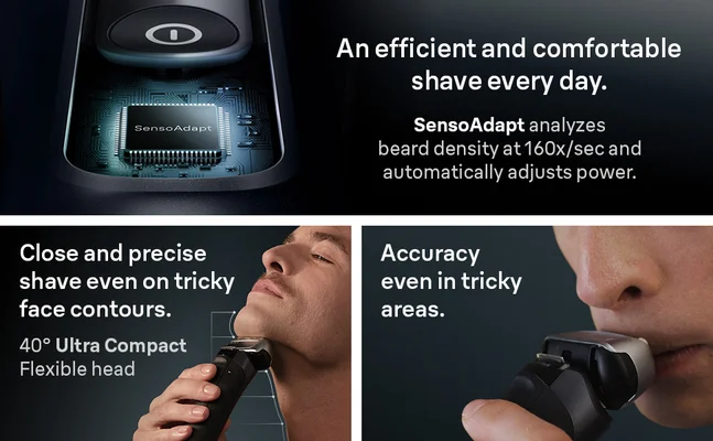 Picture shows a man shaving with the S8 in tricky areas, as well as the SensoAdapt Feature.