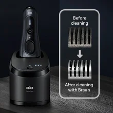 Series 8 Shaver shown with cleaning center. Before vs. After picture of the shaverblades.