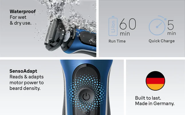 Features of the S6 are shown. Incluing Water proof, Senso Adapt, Run Time and Made in Germany.