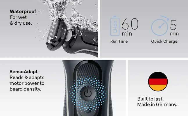 Features of the S6 are shown. Incluing Water proof, Senso Adapt, Run Time and Made in Germany