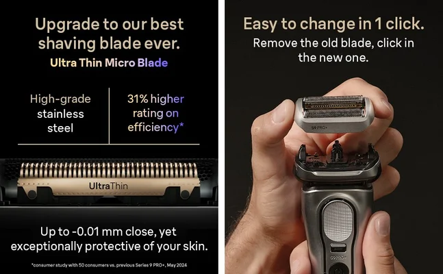 Picture shows three benefits of Series 9PRO+ Shaver including Ultra Thin Precision Blade.