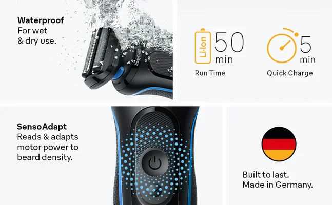 Features of the S5 are shown. Incluing Water proof, Senso Adapt, Run Time and Made in Germany.