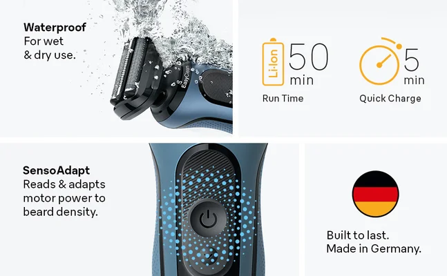 Features of the S5 are shown. Incluing Water proof, Senso Adapt, Run Time and Made in Germany.