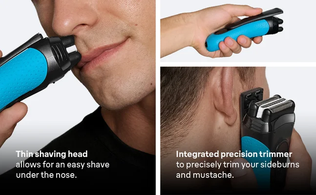 Man using Braun Series 3+ with thin shaving head and intigrated trimmer attachment for sideburns.