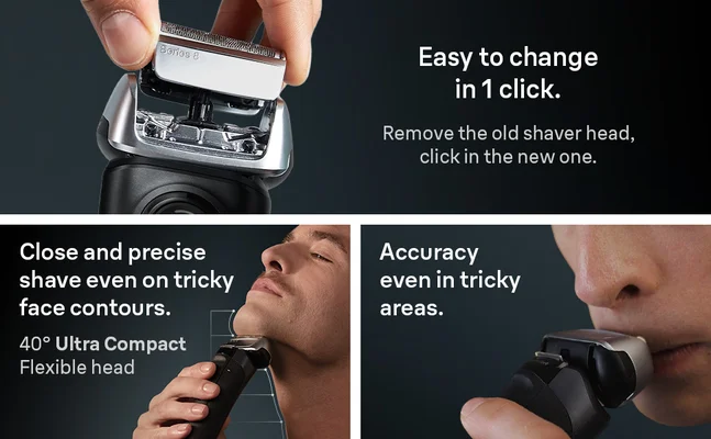 Picutre shows three benefits of Series 8 shaver. Precision, accuracy and easy to change head.