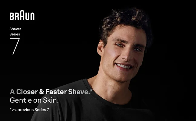 A smiling man with a shaved face. Text says: A Closer & Faster Shave. Gentle on Skin.