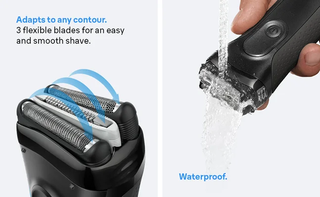 Braun Series 3+ Adapts to any contour with 3 flexible blades for a smooth shave. Waterproof.