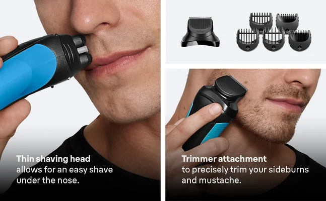 Man using Braun Series 3+ with thin shaving head and additional trimmer attachment for sideburns.