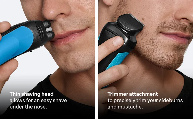 Man using Braun Series 3+ with thin shaving head and additional trimmer attachment for sideburns.