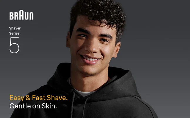 A smiling man with a shaved face. Text says: Easy and fast shave.