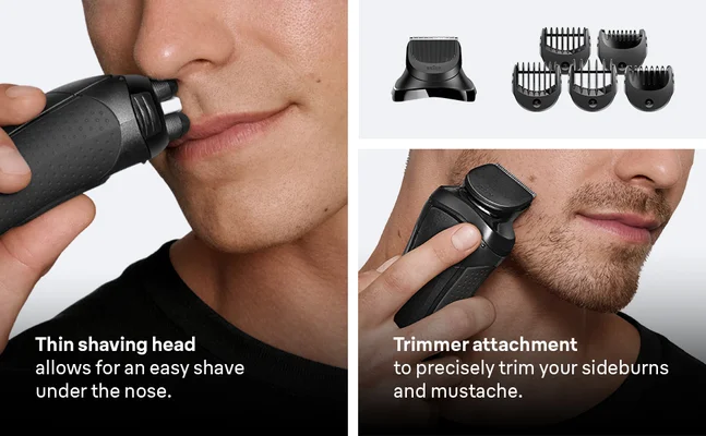Man using Braun Series 3+ with thin shaving head and additional trimmer attachment for sideburns.