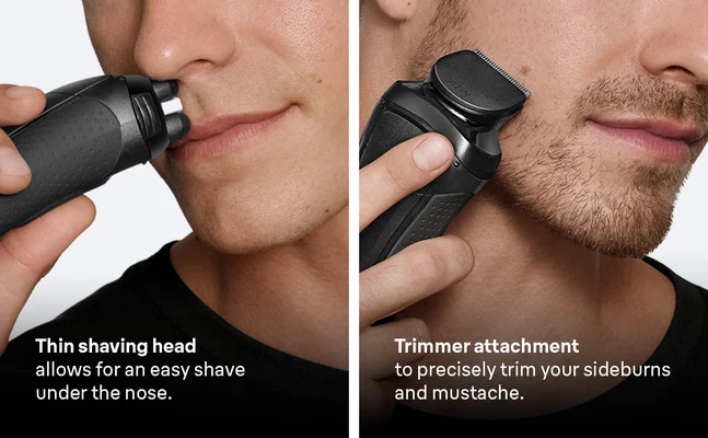 Man using Braun Series 3+ with thin shaving head and additional trimmer attachment for sideburns.