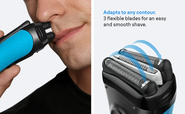 Demonstration of Braun shaver adapting to facial contours with flexible blades, for a smooth shave.