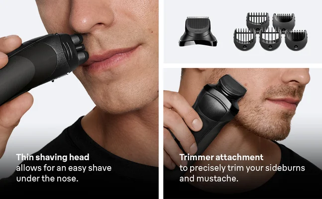 Man using Braun Series 3 with thin shaving head and additional trimmer attachment for sideburns.