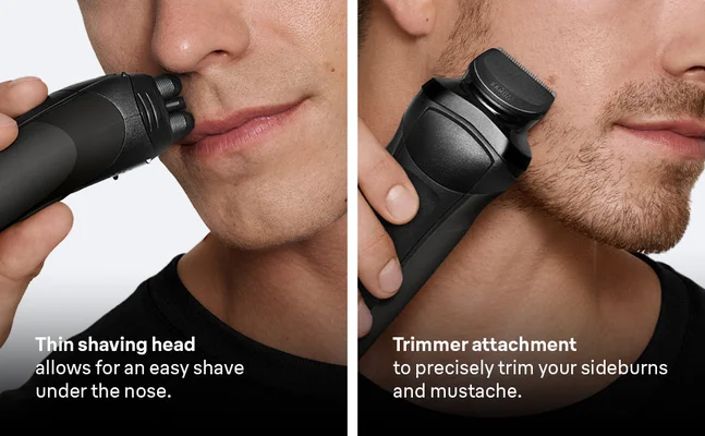 Man using Braun Series 3 with thin shaving head and additional trimmer attachment for sideburns.