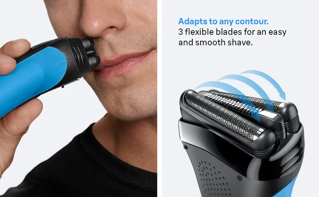 Demonstration of Braun shaver adapting to facial contours with flexible blades. For a smooth shave.