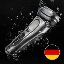 Series 9 PRO+ Shaver shown with waterproof feature and german flag.