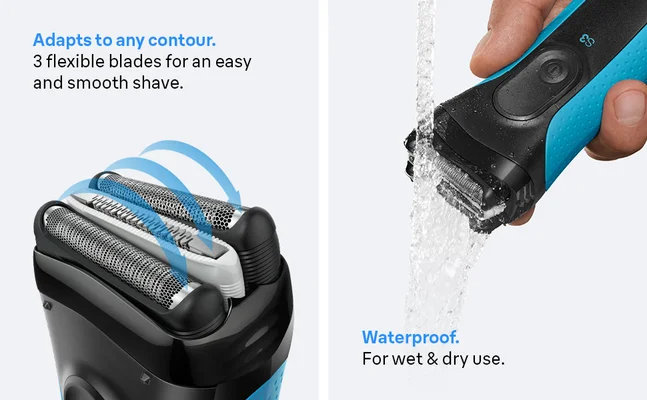 Braun Series 3+ Adapts to any contour with 3 flexible blades for a smooth shave. Waterproof.