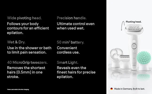 Front view product rendering of Silk-epil 9 with Skin Spa attachments brush head, shaver head and passage pad.