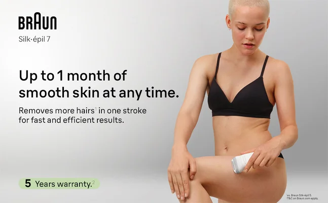 Woman with bended leg is epilating her upper leg with Silk-epil 7.