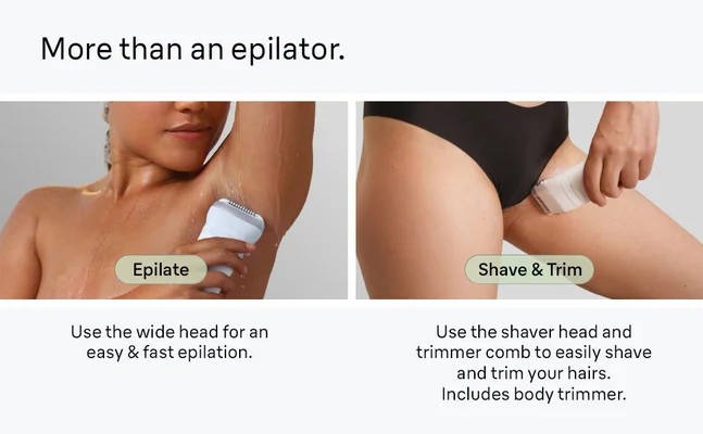 1. Woman is using Silk-epil 7 on her underarm. 2. Woman is using Silk-epil 7 shaver head on bikini area.