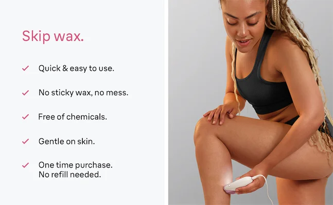 Woman with bended leg is epilating her lower leg with Silk-epil 3.