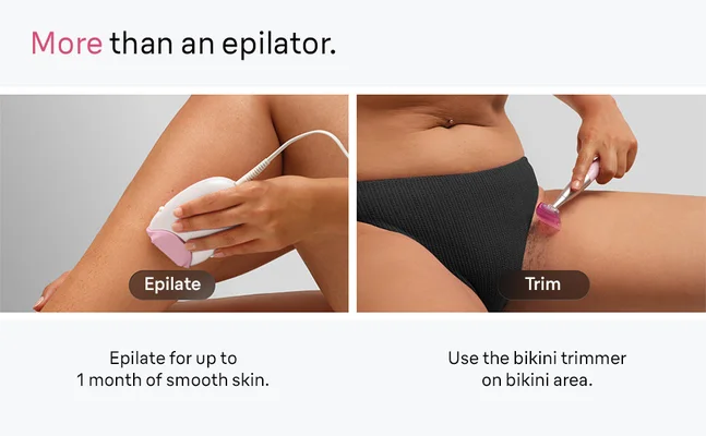 1. Close up of a women using Silk-epil 3 on the lower leg. 2. Close up of a women using Silk-epil 3 mini trimmer in the bikini area.