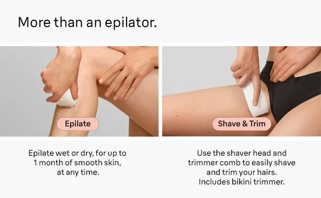 1. Close-up of a woman using Silk-épil 5 on the lower leg. 2. In the bikini area.