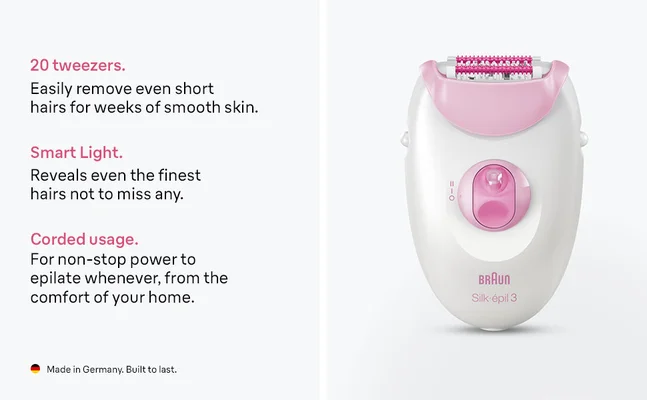 1. Woman exfoliating her décolleté with the brush head. 2. Woman shaving her underarm with SE9 flex. 3. Woman using the massage pad on her upper leg.