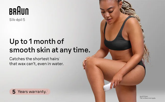 Woman with bended leg is epilating her lower leg with Silk-epil 5.