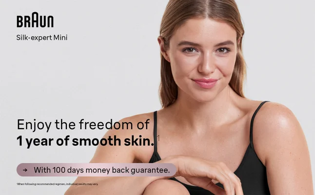 Skin appreciation image of a woman enjoying the freedom of 1 year of smooth skin.