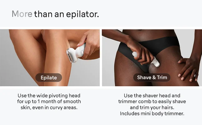 1. Woman is using the brush head on her décolleté. 2. Woman using SE9 on lower leg. 3. Woman is using SE9 shaver head on bikini area.