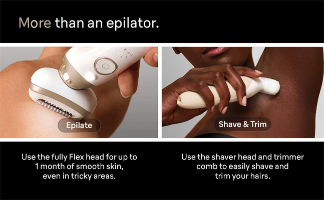 1. Close up of a women using Silk-epil 9 Flex on lower leg. 2. Close up of a women using Silk-epil 9 Flex shaver head on underarm.