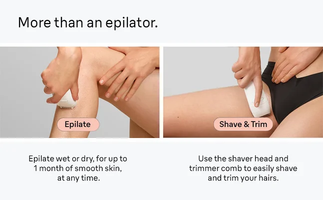 1. Close up of a women using Silk-epil 5 on the lower leg. 2. Close up of a women using Silk-epil 5 in the bikini area.