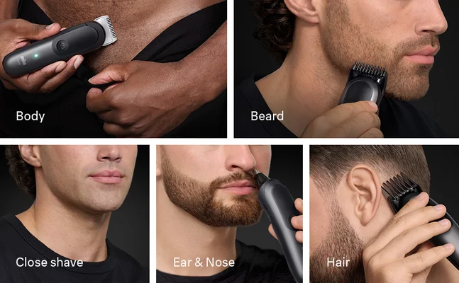 Braun All-in-One trimmer used for body, beard, close shave, hair, ear and nose grooming.