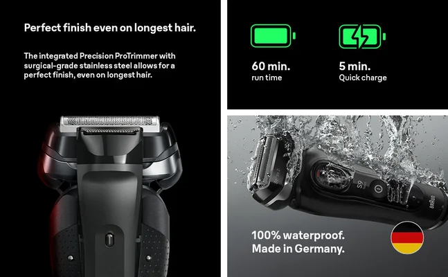 Collage with shaver, head detail, charge and runtime icons, waterproof claim