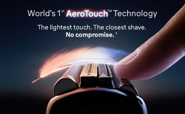 A finger touching Braun NEVO shaver with AeroTouch technology and durable lifetime.