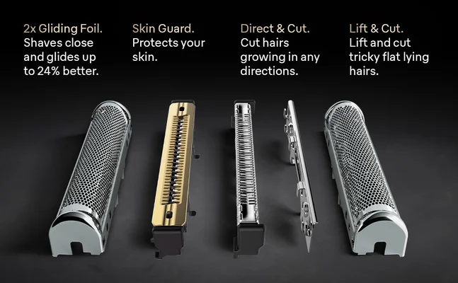 Exploded view of Braun shaving system with labeled cutting and protection parts.