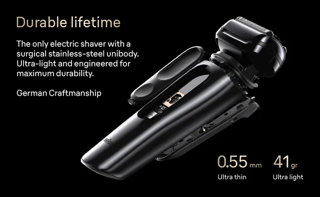 Braun electric shaver in side view showing unibody design and durability highlights.