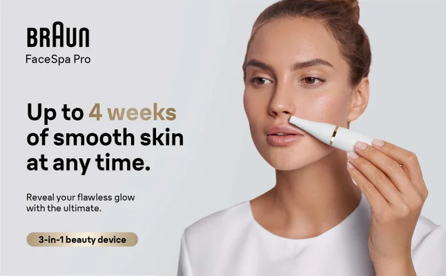 Braun FaceSpa Pro. Up to 4 weeks of smooth skin at any time. Reveal your flawless glow with the ultimate. 3-in-1 beauty device