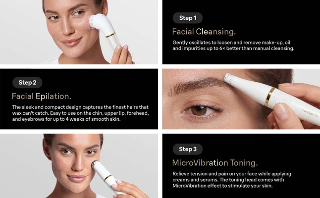 Step 1 Facial Cleansing. Gently oscillates to loosen and remove make-up, oil and impurities up to 6x better than manual cleansing. Step 2 Facial Epilation. The sleek and compact design captures the finest hairs that wax can't catch. Easy to use on the chin, upper lip, forehead, and eyebrows for up to 4 weeks of smooth skin. Step 3 MicroVibration Toning. Relieve tension and pain on your face while appying creams and serums. The toning head comes with MicroVibration effect to stimulate your skin.