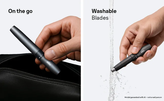 Braun Ear & Nose trimmer being packed into a travel bag and shown under water stream.