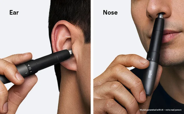 Man trimming ear and nose hair with Braun Ear & Nose trimmer.